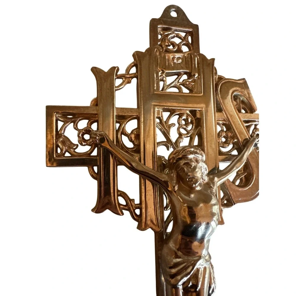 Vintage Brass Wall Crucifix With IHS Symbol &‎ Intricate Details
